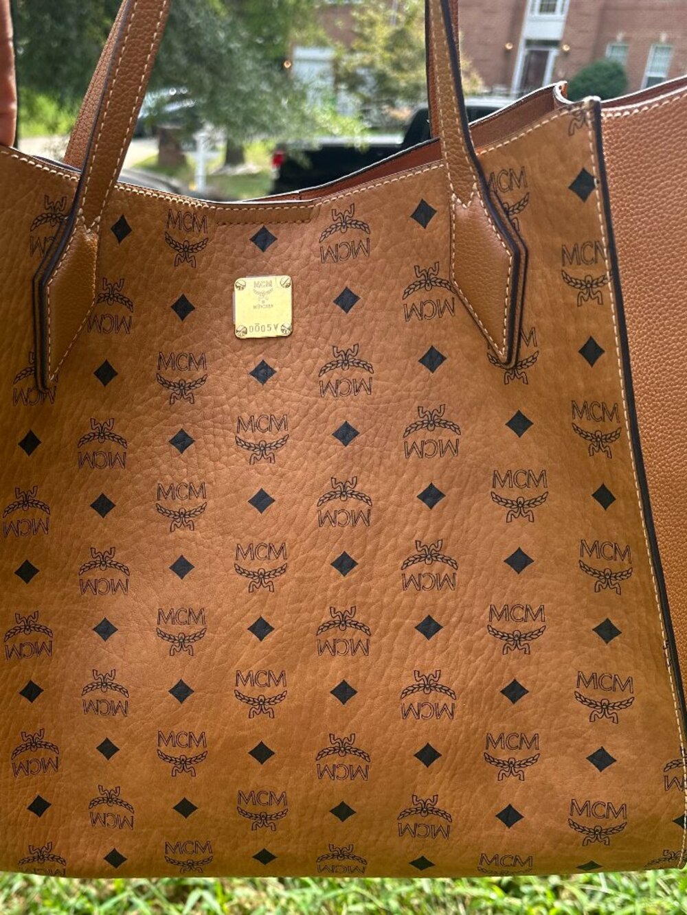 MCM Large Cognac Visetos Monogram Tote Shopper Leather Trim w/ Dust Bag